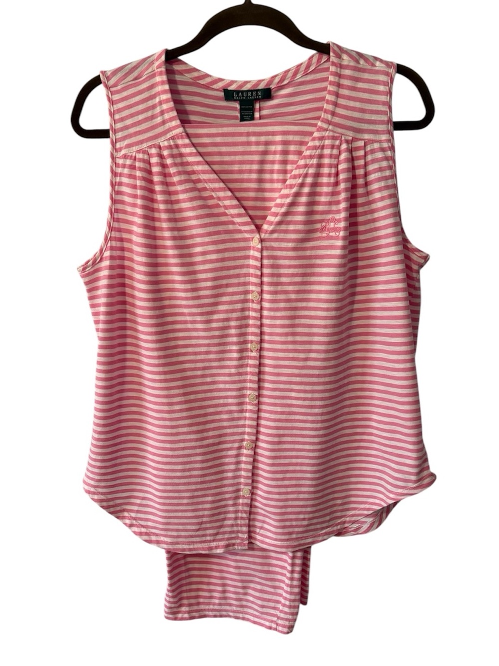 Lauren Ralph Lauren Cotton Stripe Sleeveless Button Front Logo Pajama Set Size L